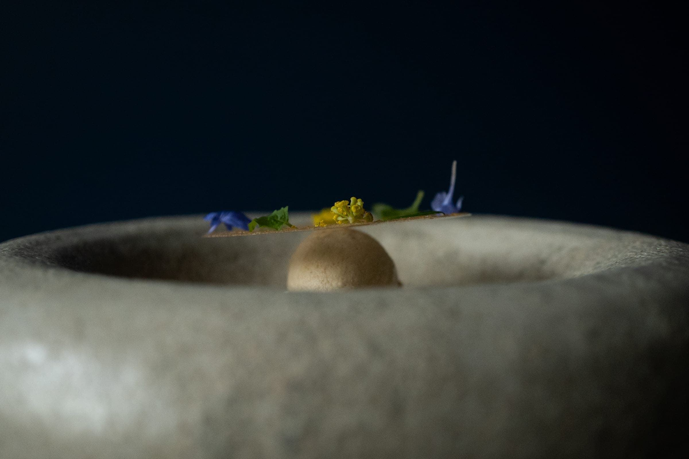 Delicate amuse-bouche on a stone mortar, flowers and fresh herbs