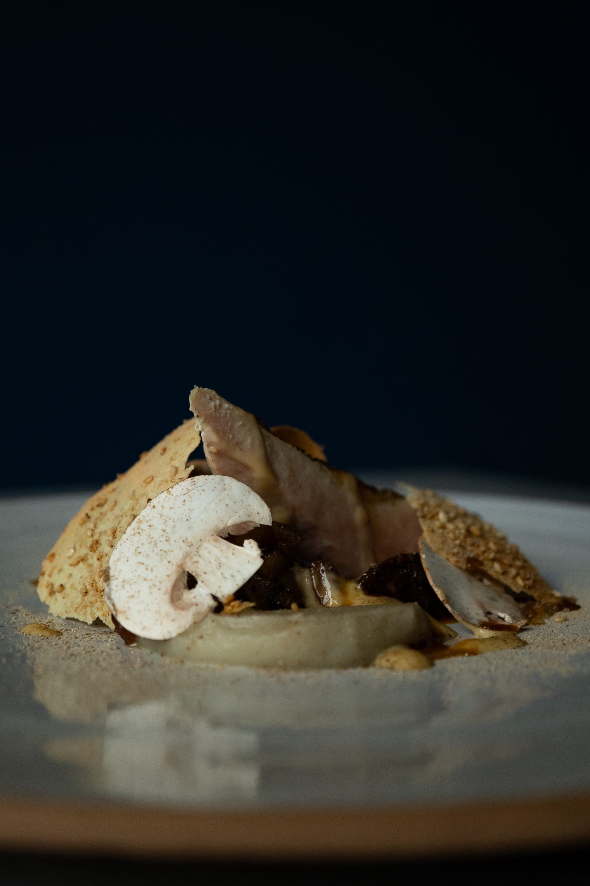 Plated dish with mushroom slice and crisp tuile, deep blue background
