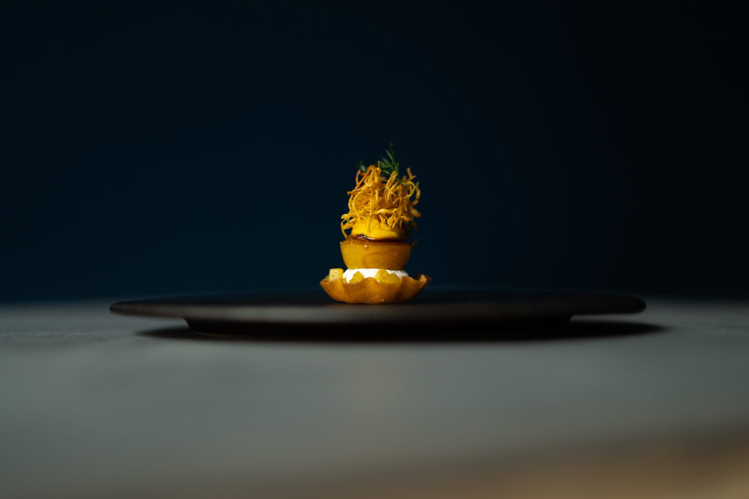 Dressage délicat sur assiette sombre, ambiance intimiste du restaurant ERH